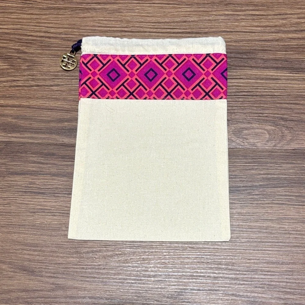 Tory Burch Pink & Cream Logo Print Drawstring Pouch